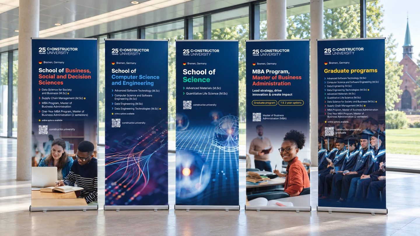 Recruitment banners keep the programmes — and the university — easy to recognise.
