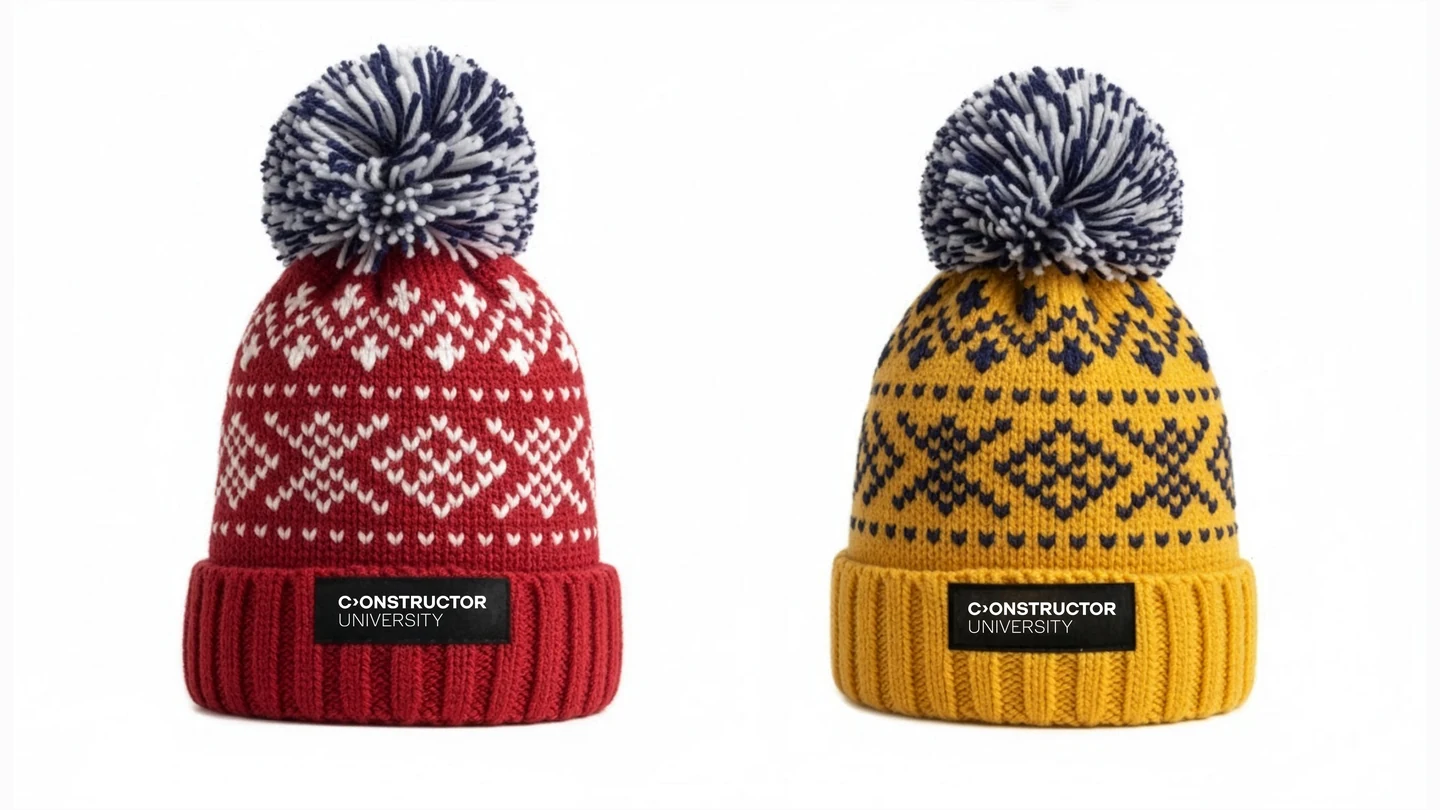 Knitted beanies in university colours.