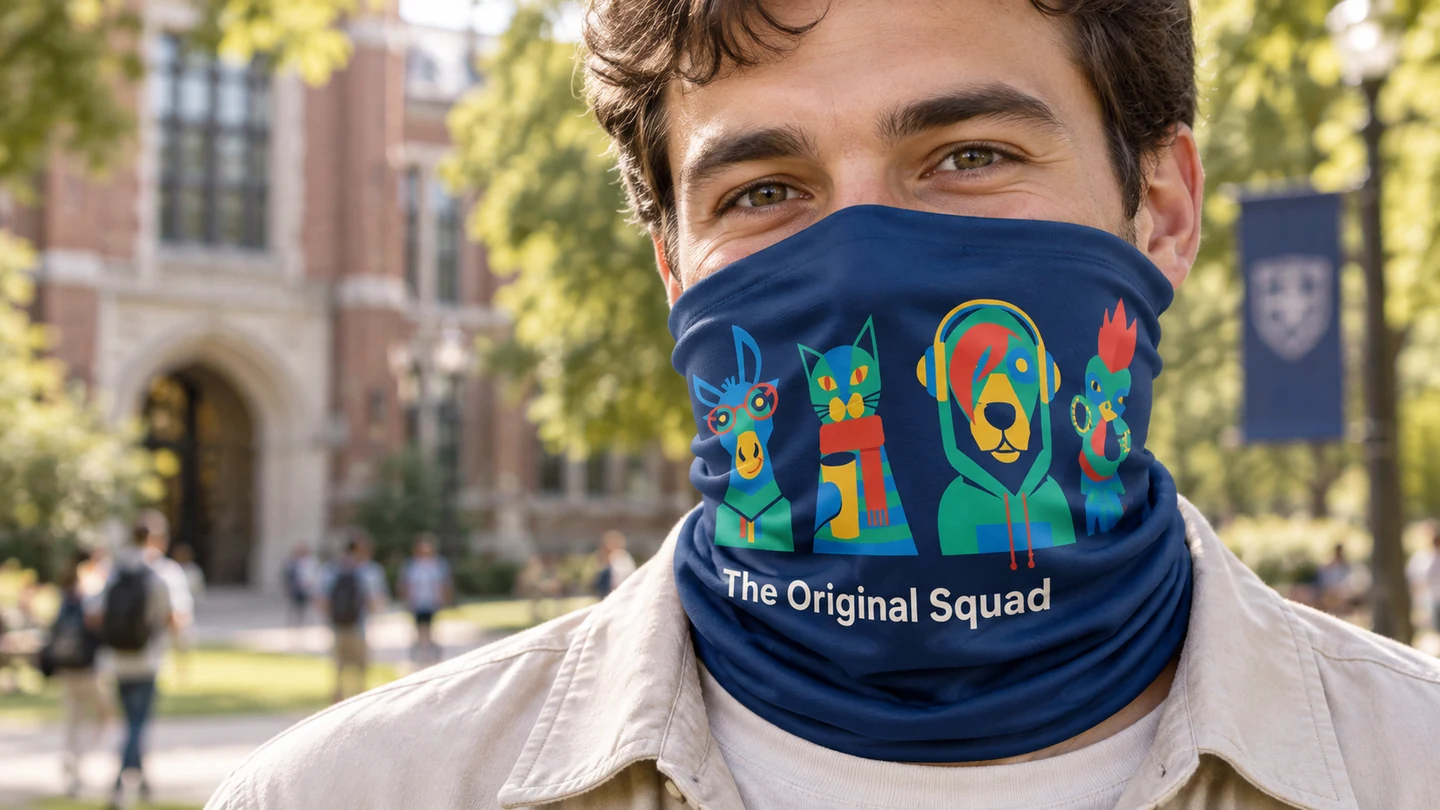 The illustrated characters on a neck gaiter.