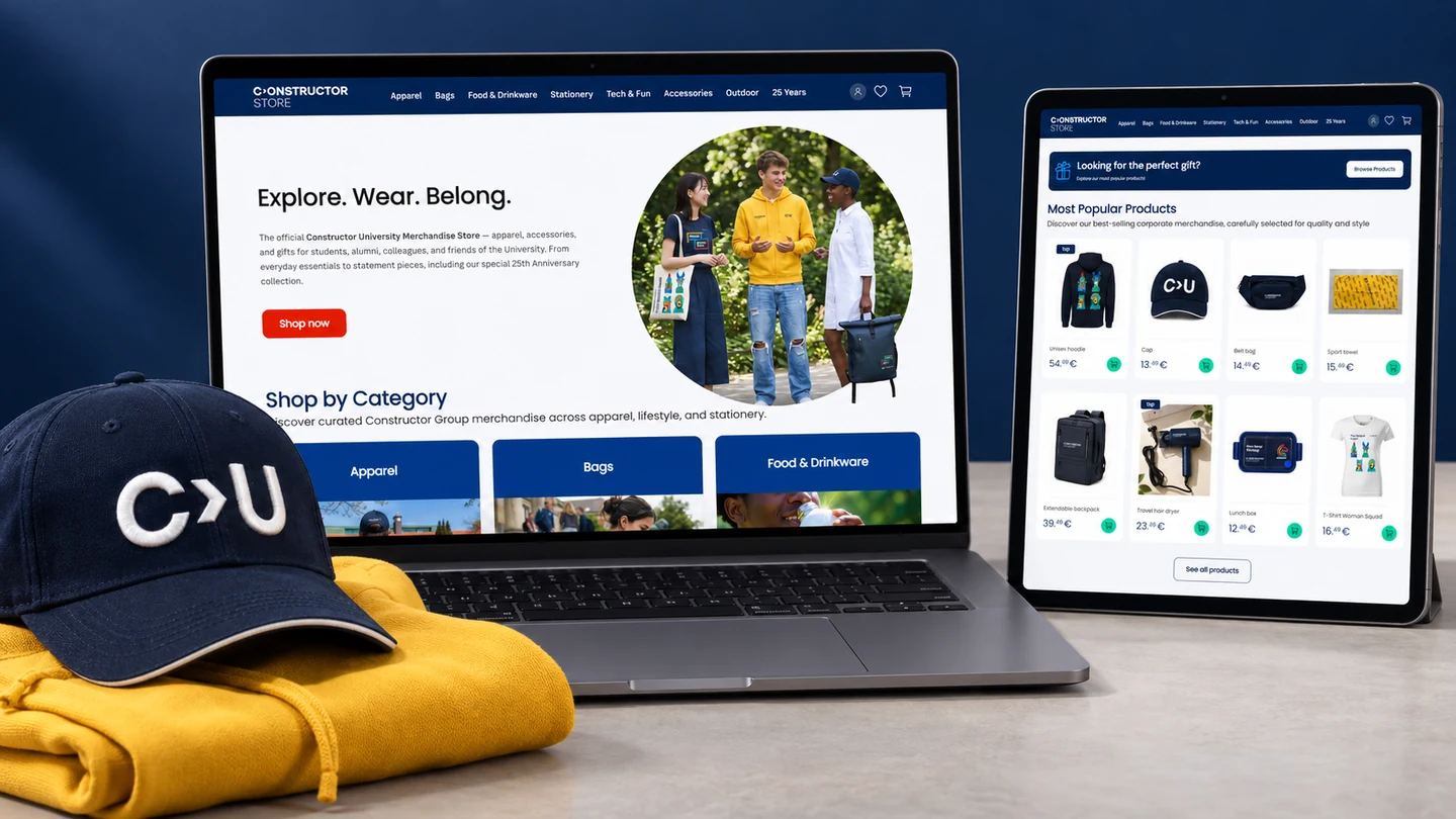 A presentation of the university merchandise store.