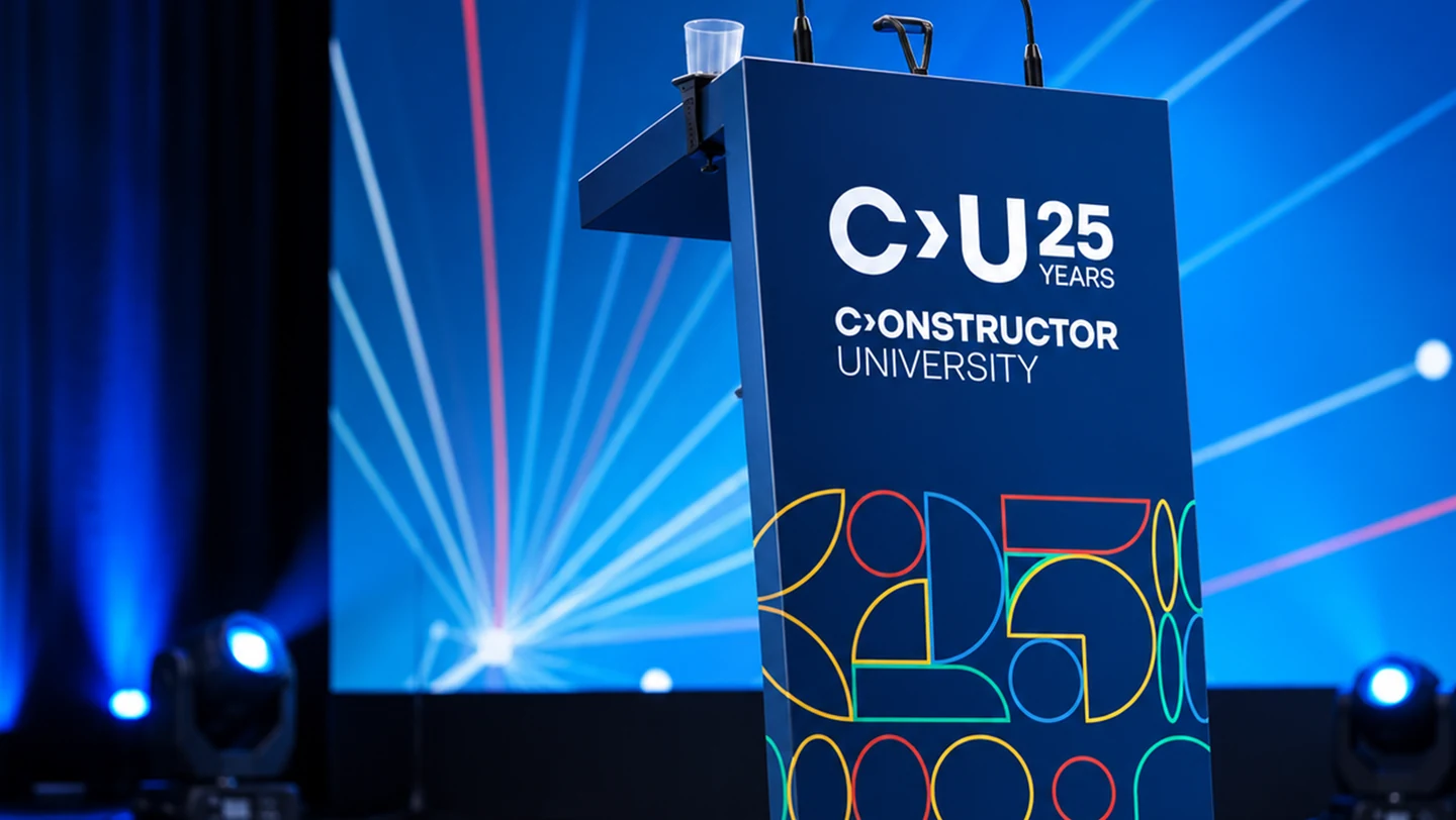 A lectern application combines the typographic mark and anniversary pattern.