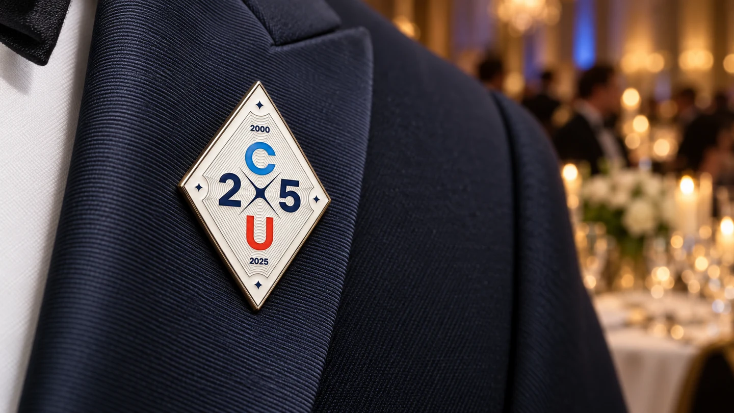 The diamond-shaped badge as a lapel-pin concept — an early exploration.