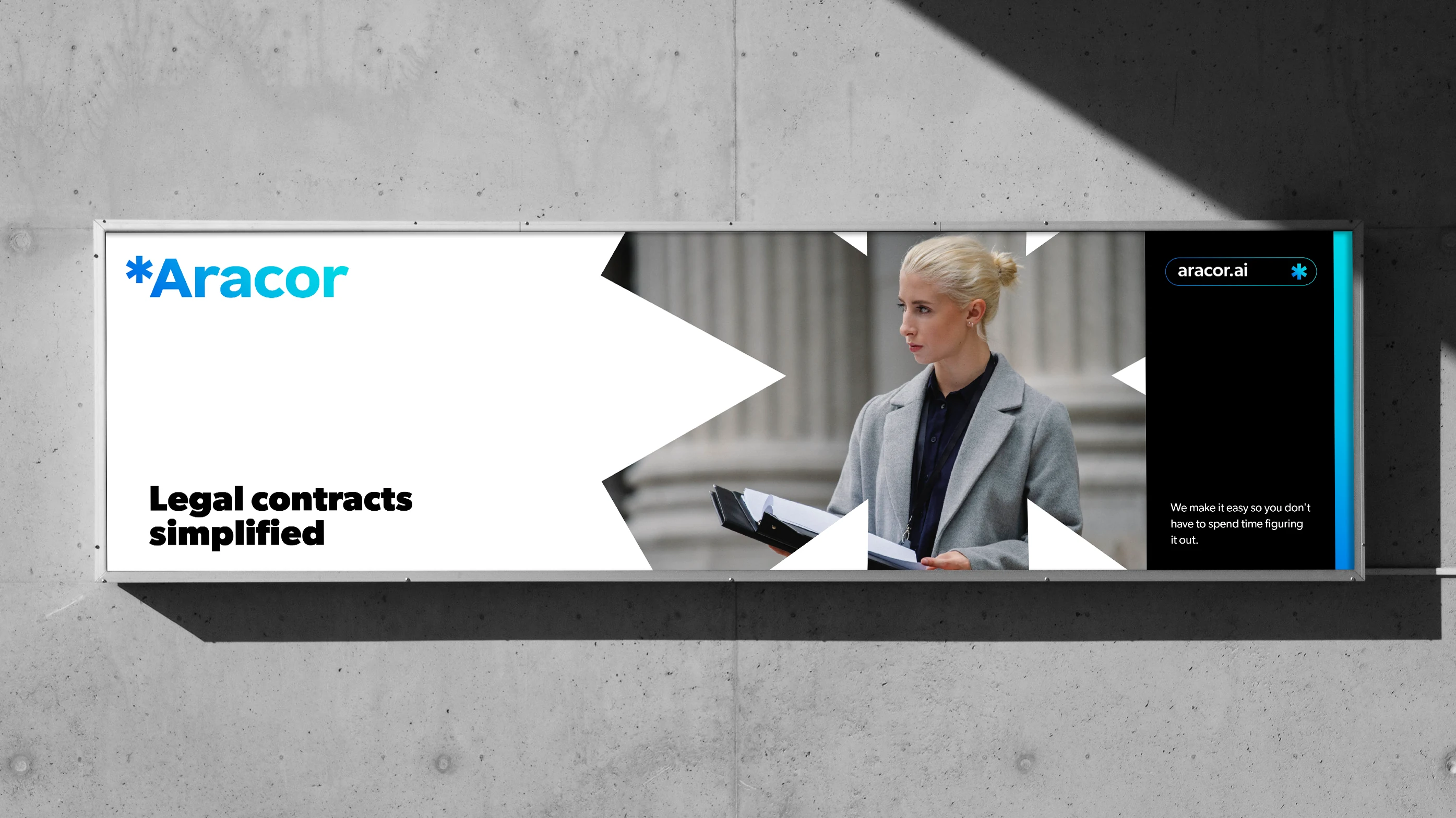 Aracor outdoor advertising mockup with the brand wordmark and legal contracts message