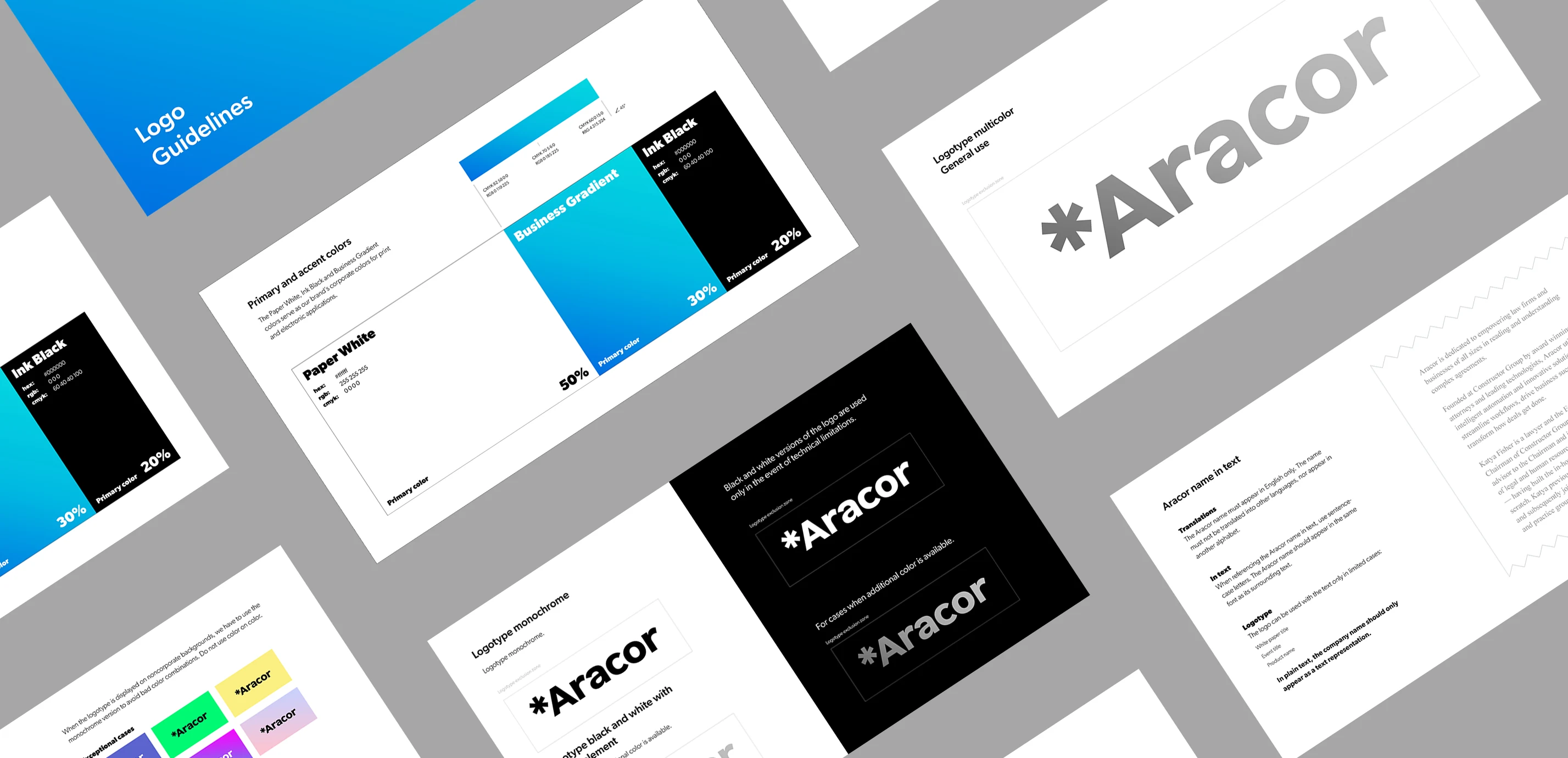 Aracor brand guideline pages showing colour, logo versions and clear-space rules