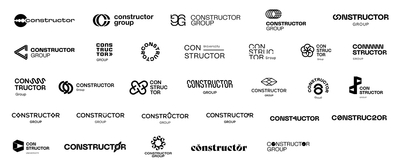 First-round Constructor identity research: a full sheet of monograms, symbols and wordmarks