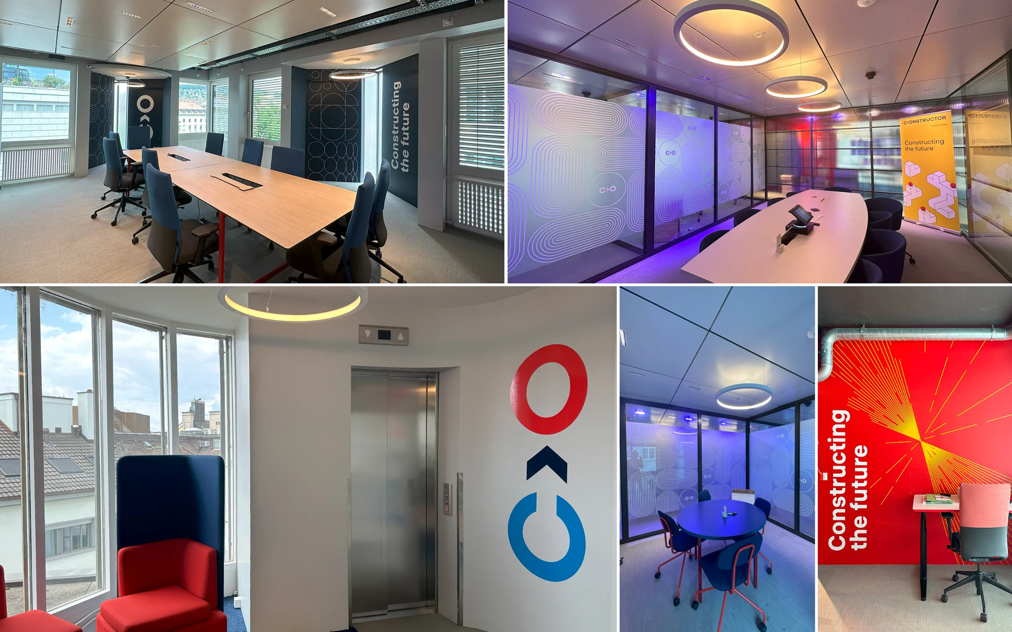 Constructor office interior details showing the C-to-O mark, coloured lighting and wall graphics
