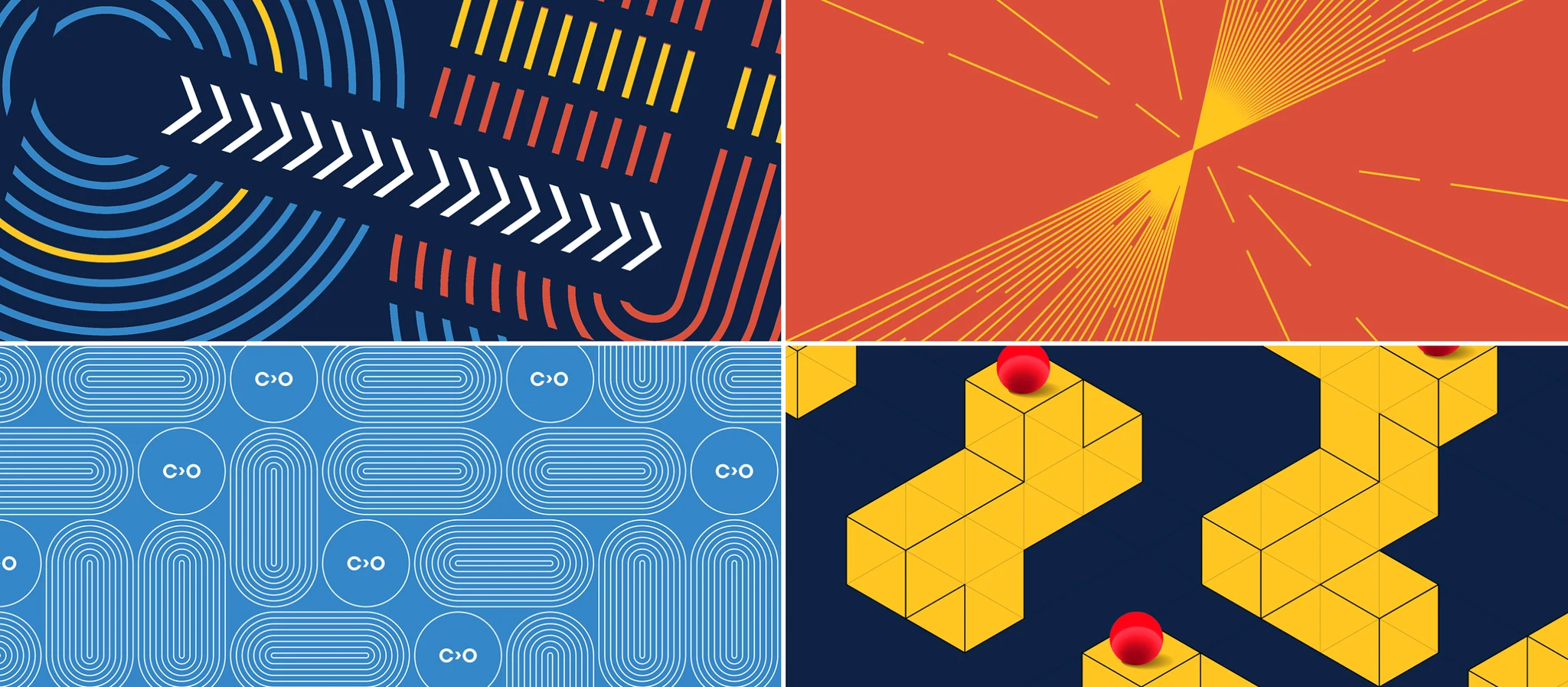 Constructor brand patterns combining scientific motifs, arrows and geometric forms in blue, red and yellow