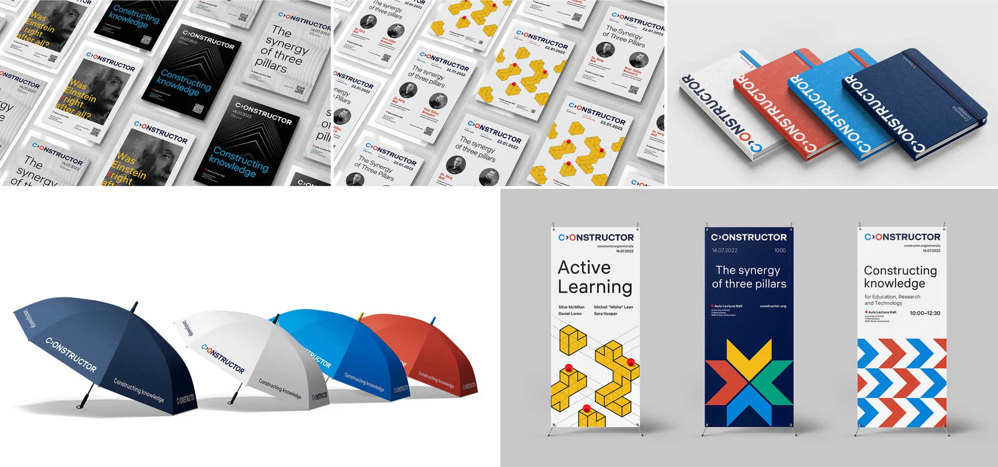 Constructor editorial layouts, book covers, notebooks and umbrellas using the visual identity