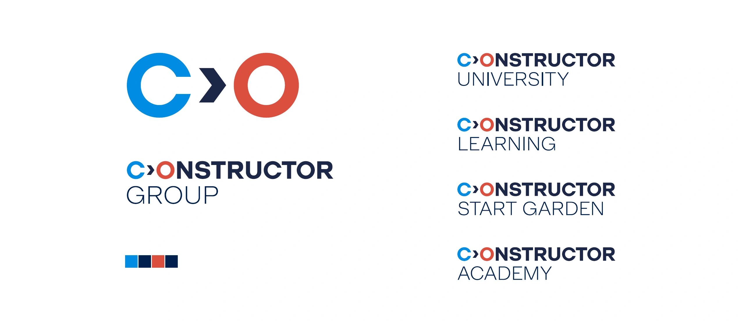 Constructor brand architecture showing the shared logo across Group, University, Learning, Start Garden and Academy