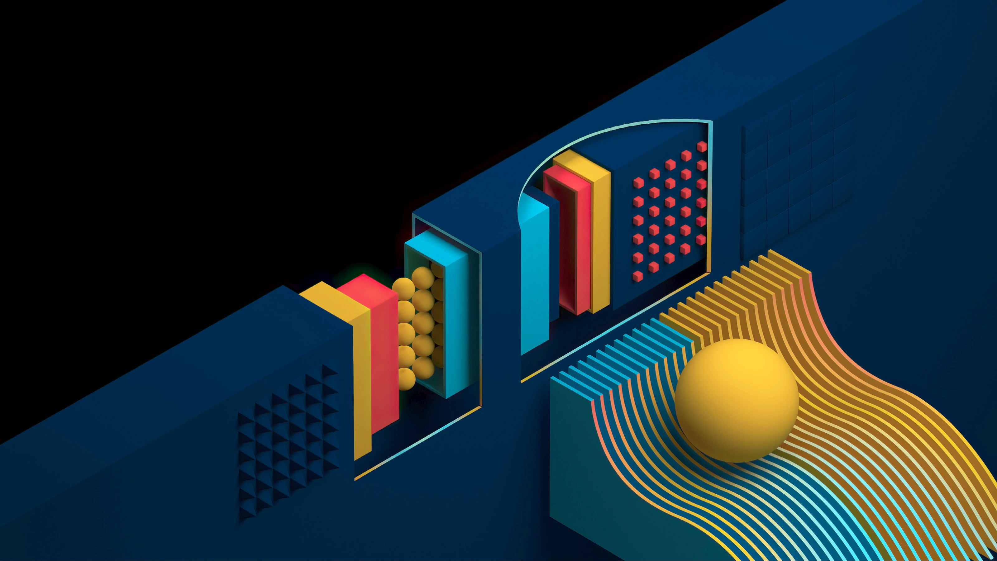 Full Constructor geometric illustration with yellow sphere, folded surfaces and colourful architectural forms