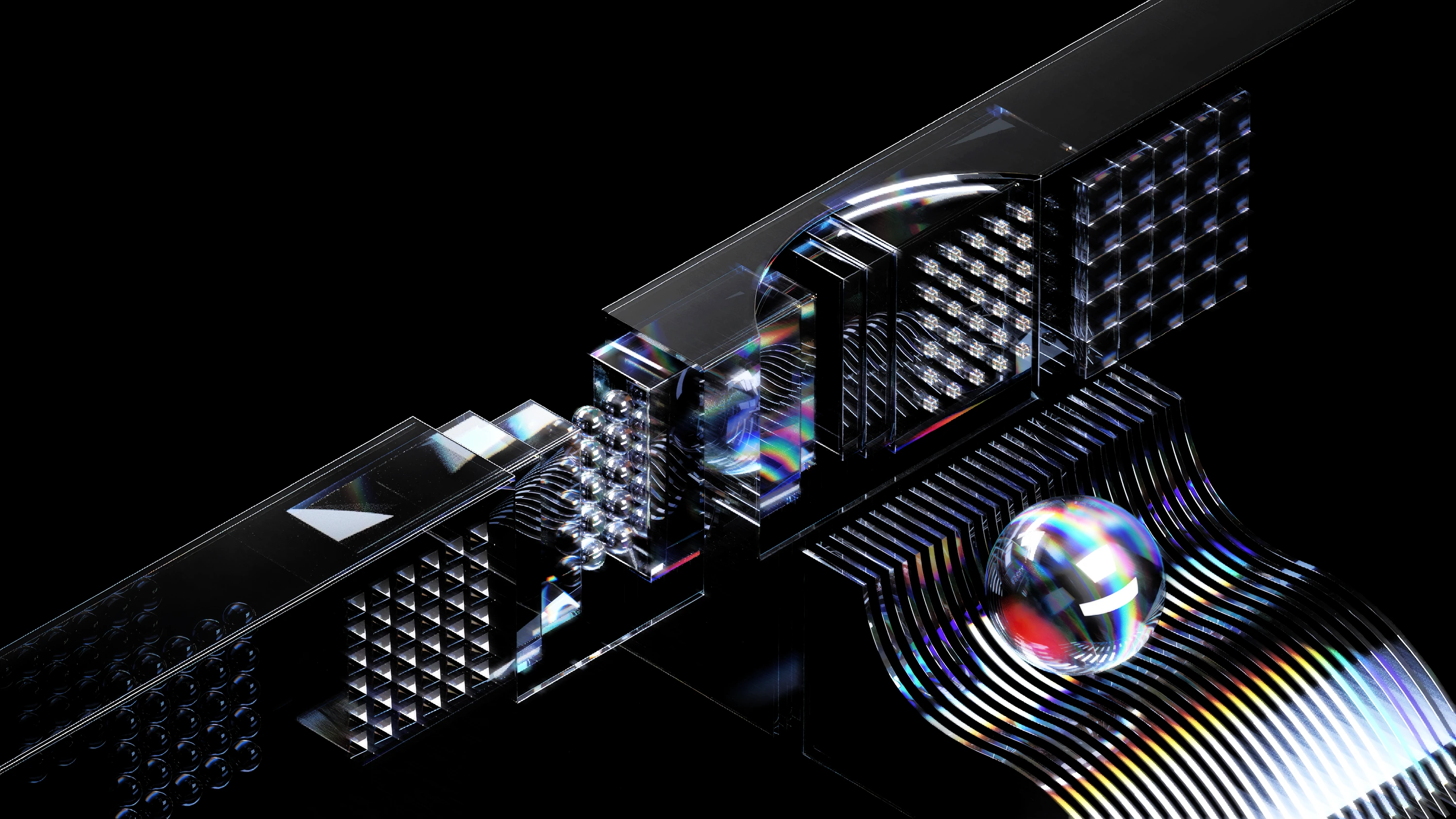 Constructor illustration with transparent geometric structures and a reflective sphere