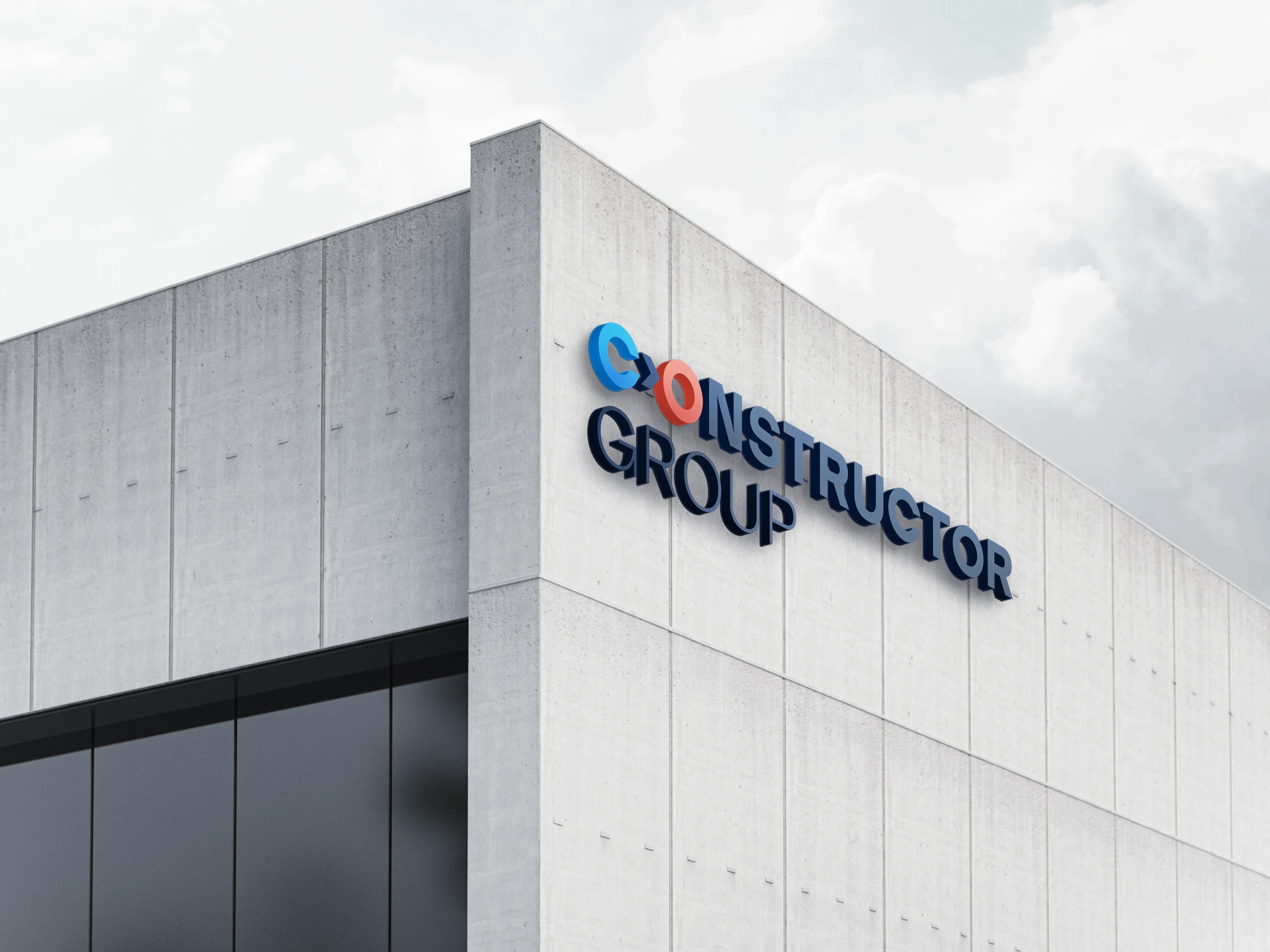 Original Constructor Group facade mockup with two-line dimensional signage