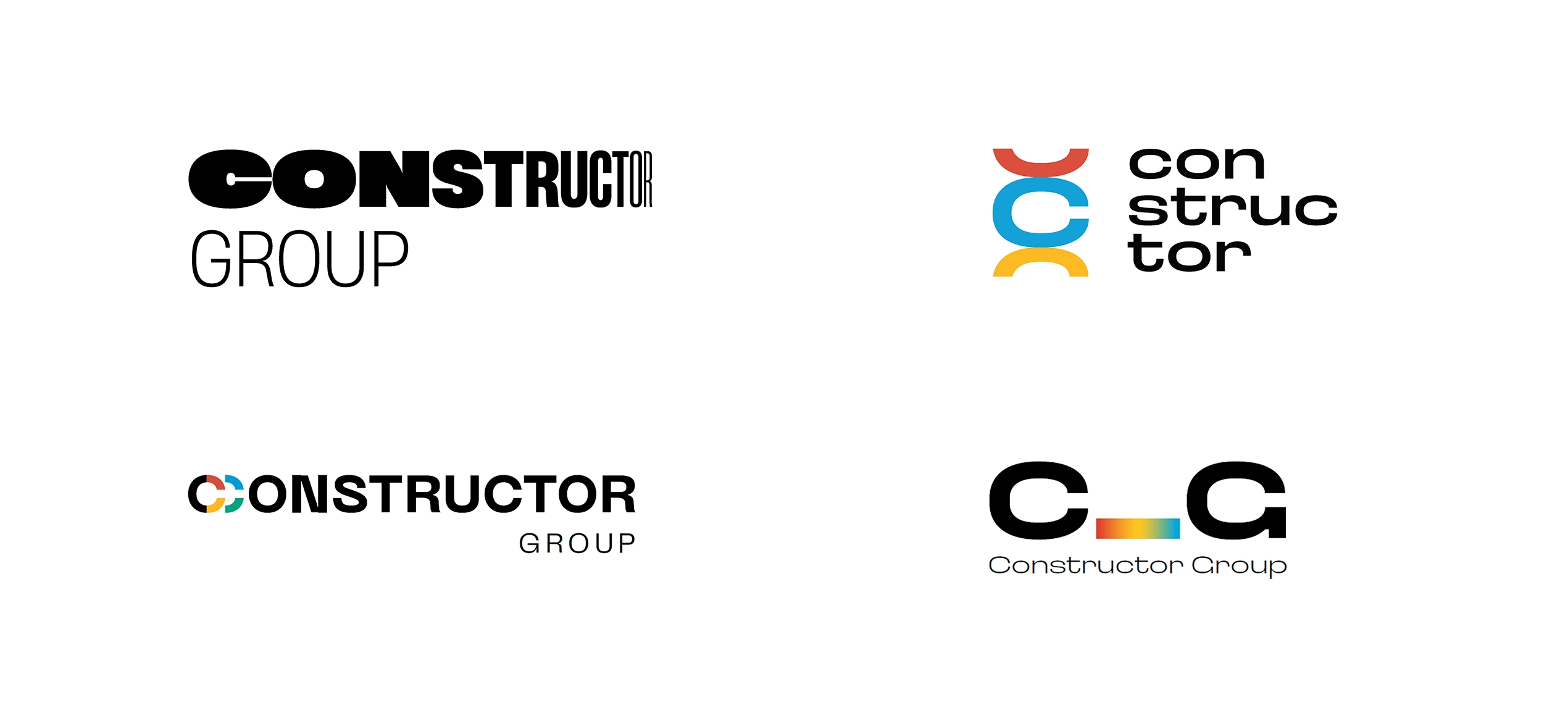 Four shortlisted Constructor Group logo directions with typographic and colour experiments