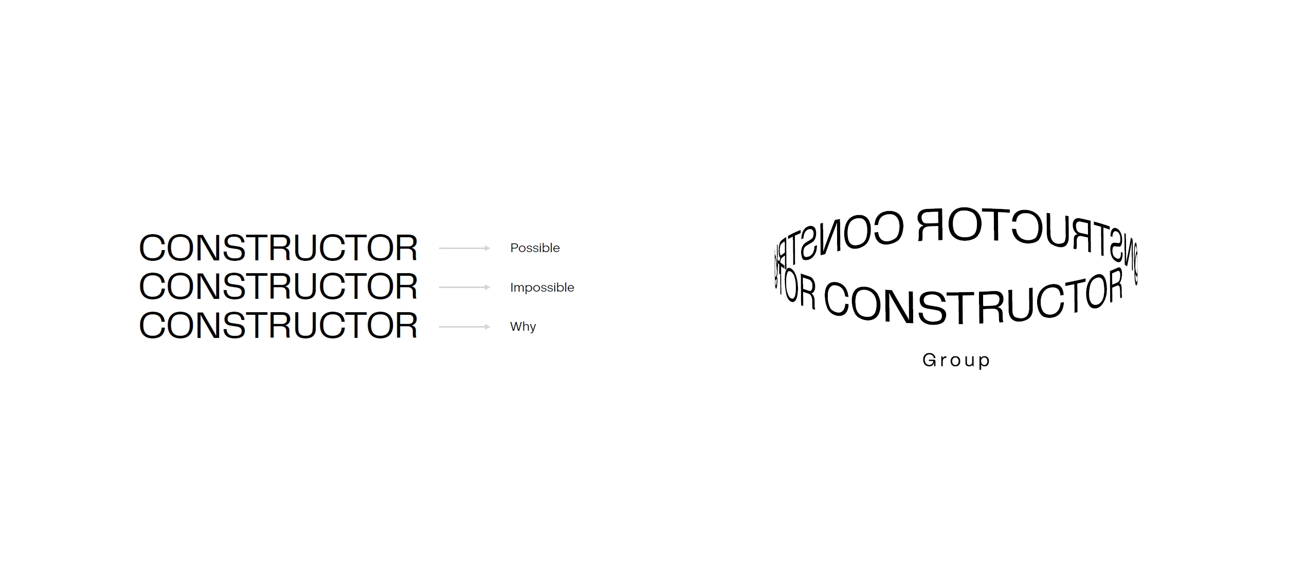Experimental Constructor typography with possible, impossible and why labels and a circular wordmark