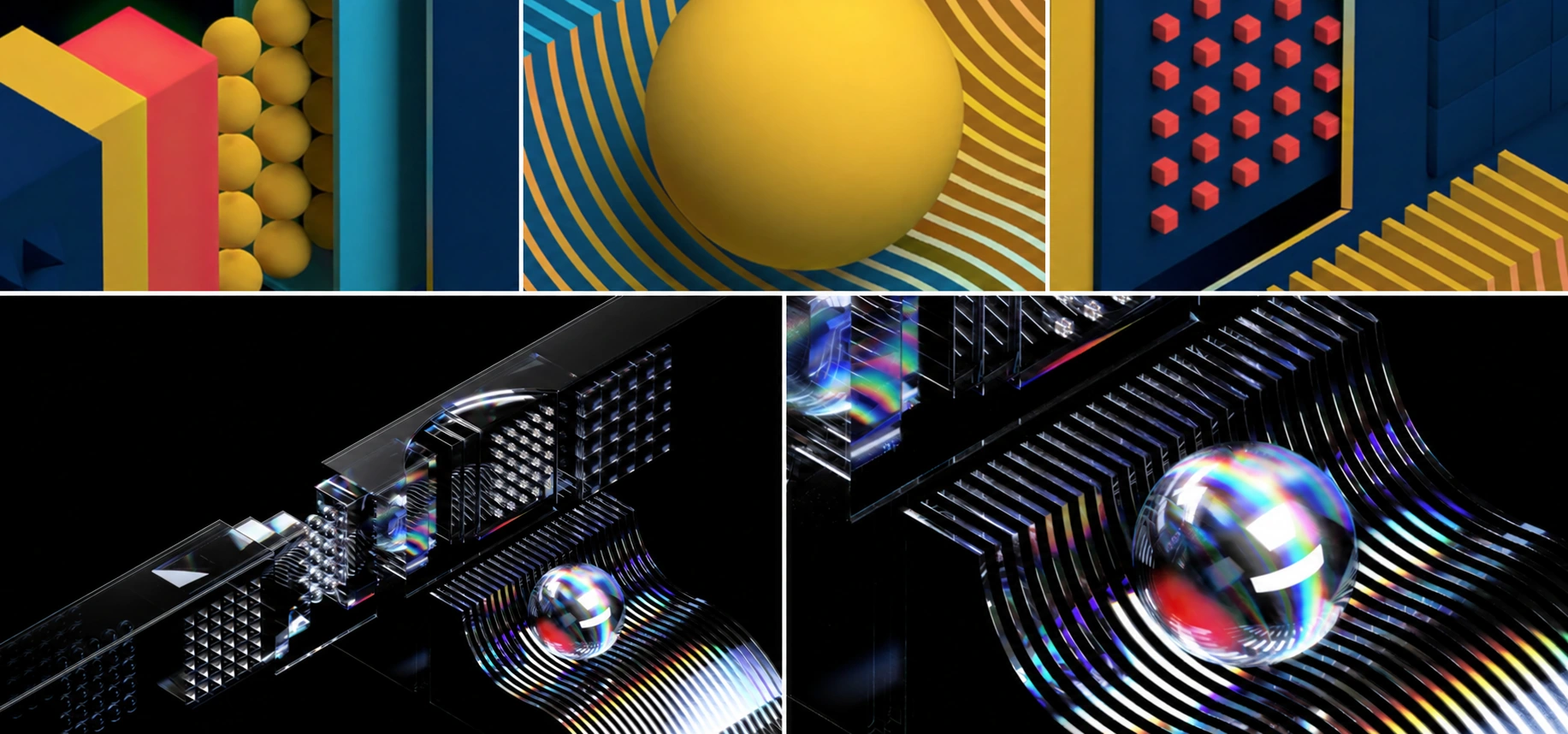 Colourful geometric brand illustrations and reflective glass forms for Constructor Group