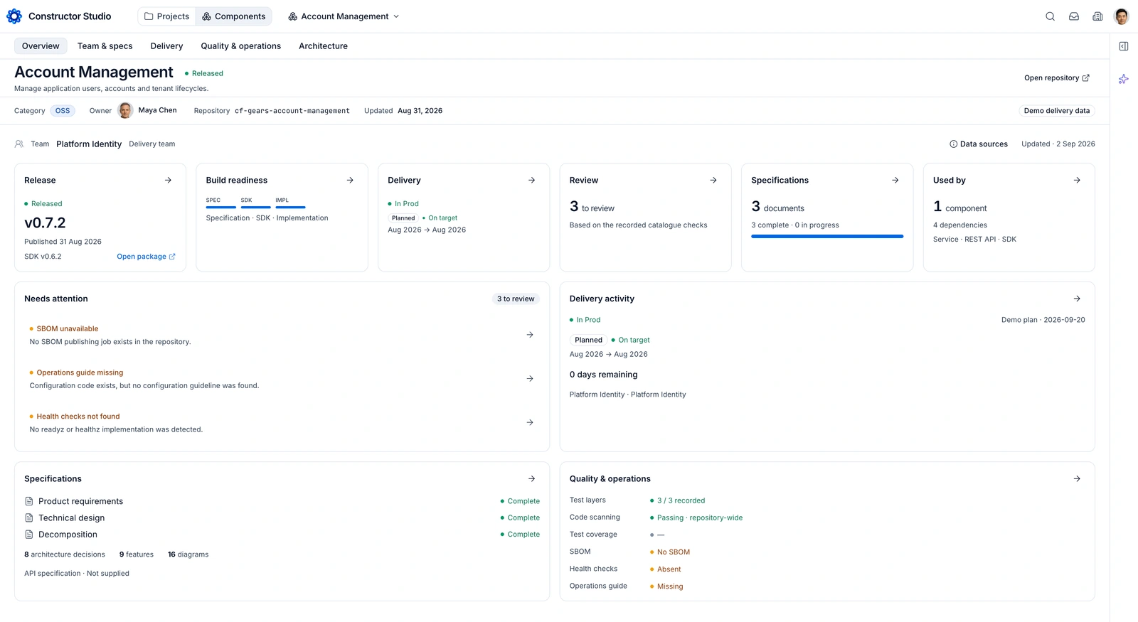 Account Management overview with release, build readiness, review and dependency modules