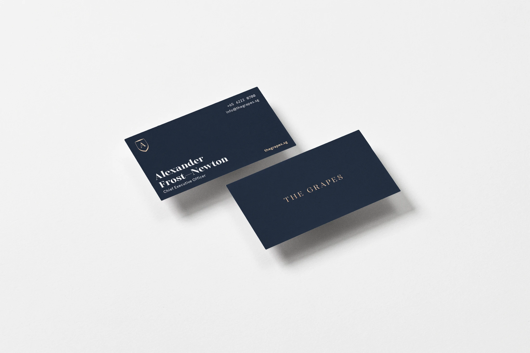 Navy business-card mockups with The Grapes wordmark