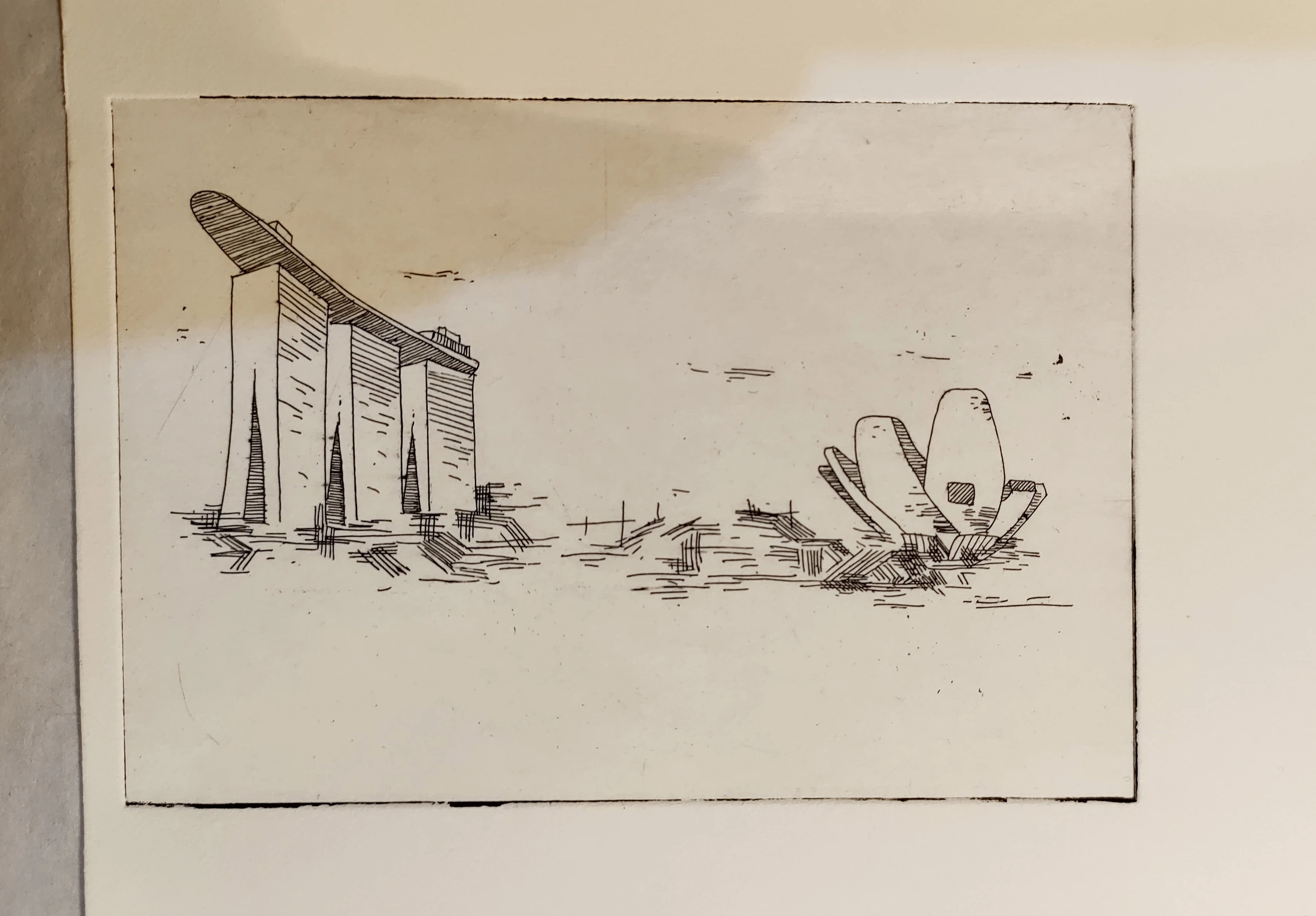 Hand-printed Marina Bay illustration on paper, with Marina Bay Sands and the ArtScience Museum