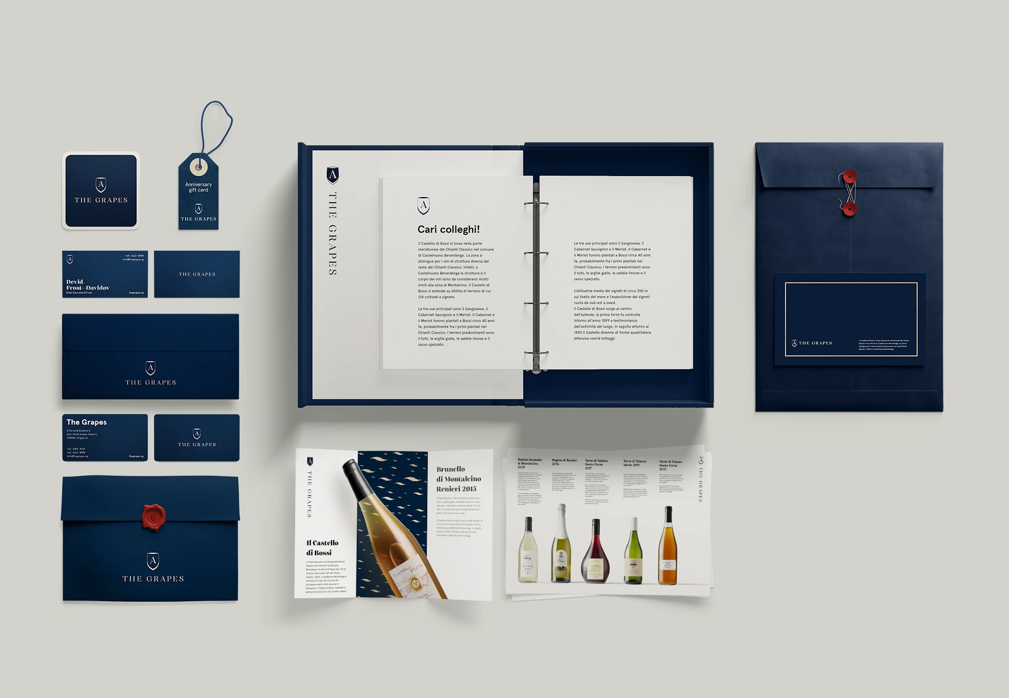 Overview of The Grapes identity across print, packaging and digital mockups
