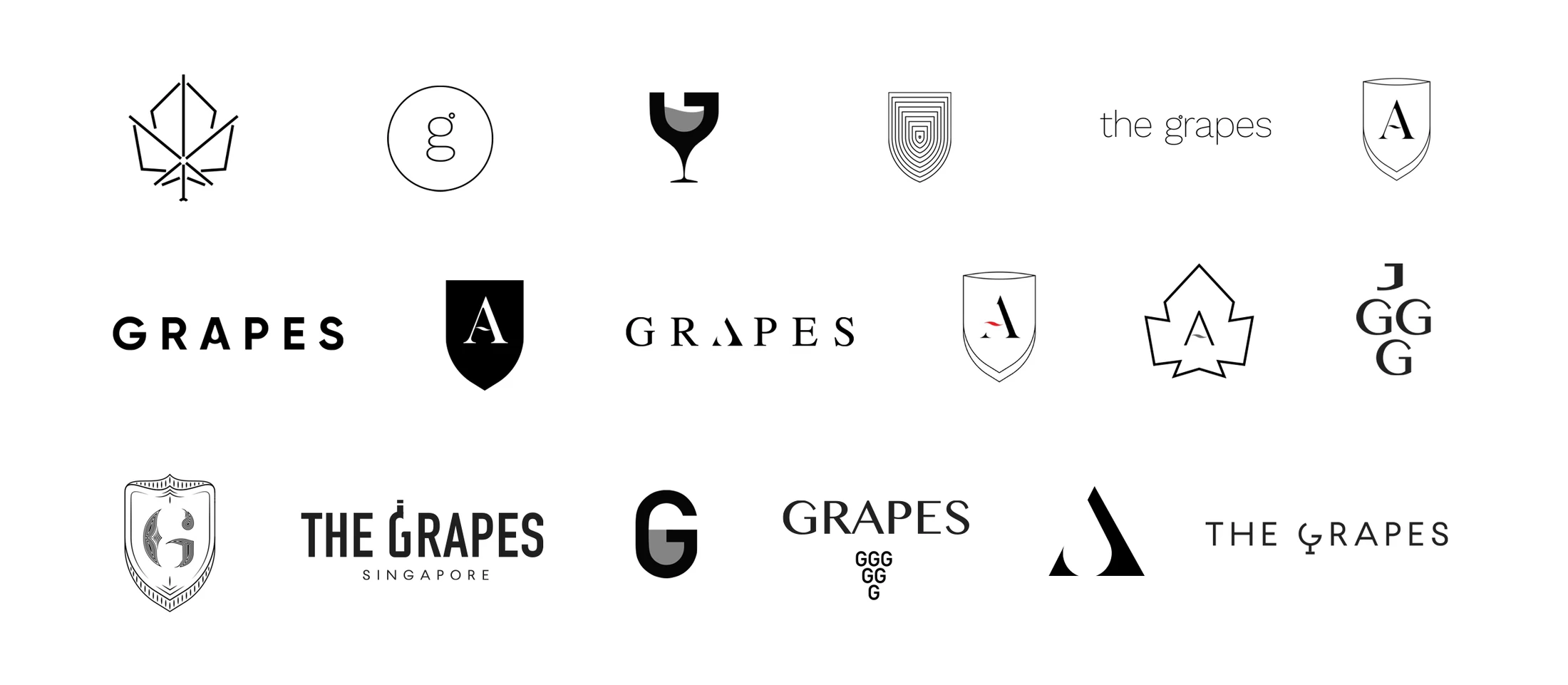 Early logo concepts for The Grapes, shown as design exploration